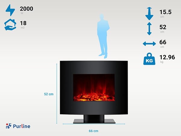 PURLINE - Cheminée électrique 2kW verre trempé noir avec télécommande - large
