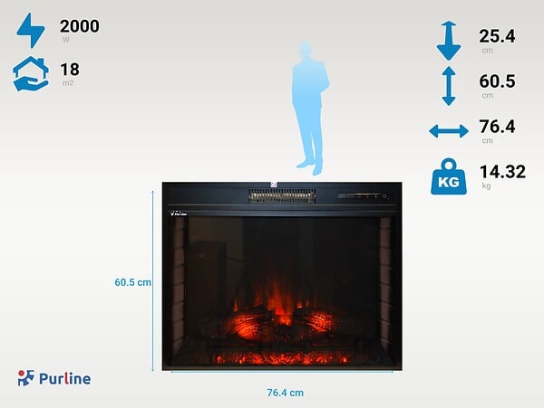 PURLINE - Cheminée électrique 2kW en verre trempé plat avec télécommande et flamme réglable - large