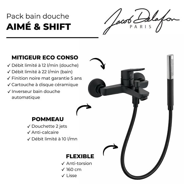 JACOB DELAFON - Douchette stick Shift Ellipse noir et chrome avec mitigeur bain douche et flexible lisse anti-torsion Noir - large