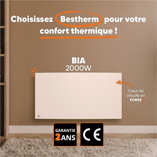 BESTHERM - Radiateur électrique fixe à inertie sèche fonte - BESTHERM - BIA 2000W - horizontal blanc - large