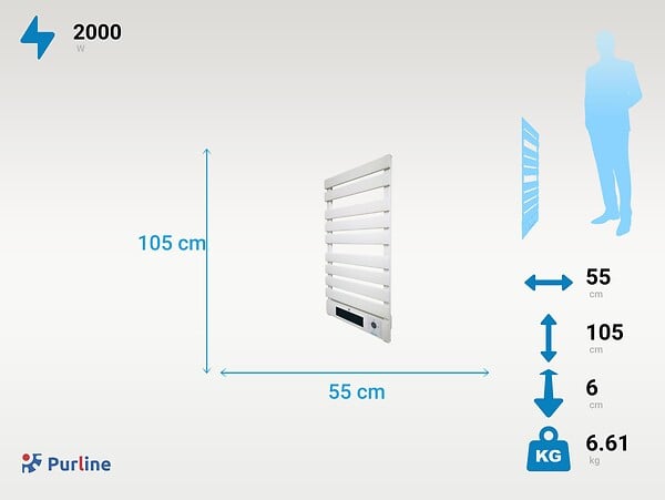 PURLINE - Sèche-serviettes électrique aluminium blanc display LED 1500W - large