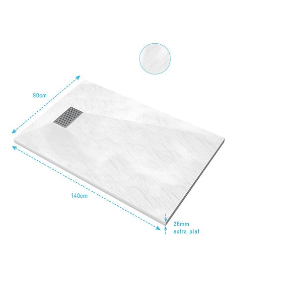 AURLANE - Receveur de douche Blanc Effet Pierre 90x140 cm et Grille décor Linéaire en Inox - large