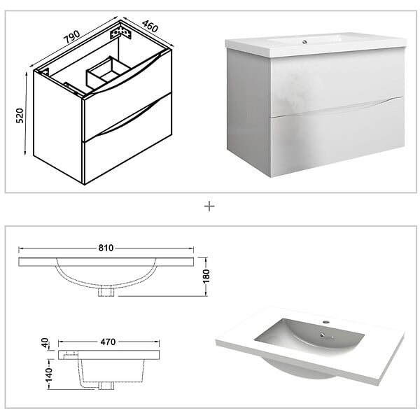 AICA SANITAIRE - Meuble de salle de bain suspendu 80 cm, 2 tiroirs, avec vasque,MDF blanc - large