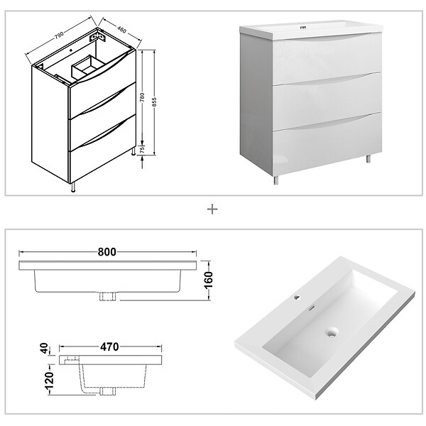 AICA SANITAIRE - Meuble de salle de bain 80 cm, 3 tiroirs, MDF brilliant blanc, avec vasque + pieds - large