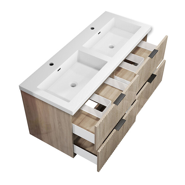 AICA SANITAIRE - Meuble de salle de bain suspendu 120 cm, 4 tiroirs, avec vasque blanche,MDF chêne brillant - large