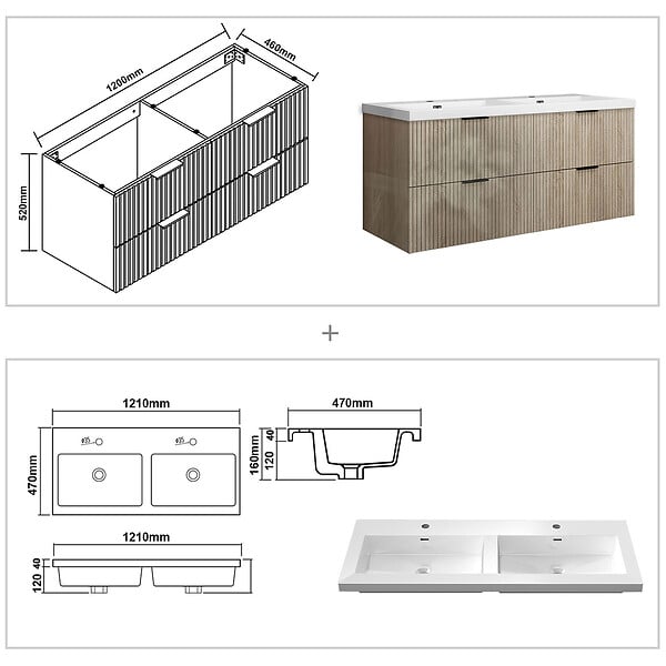 AICA SANITAIRE - Meuble de salle de bain suspendu 120 cm, 4 tiroirs, avec vasque blanche,MDF chêne brillant - large