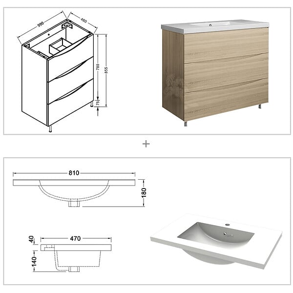 AICA SANITAIRE - Meuble de salle de bain 100 cm, 3 tiroirs, MDF chêne, avec vasque + pieds - large