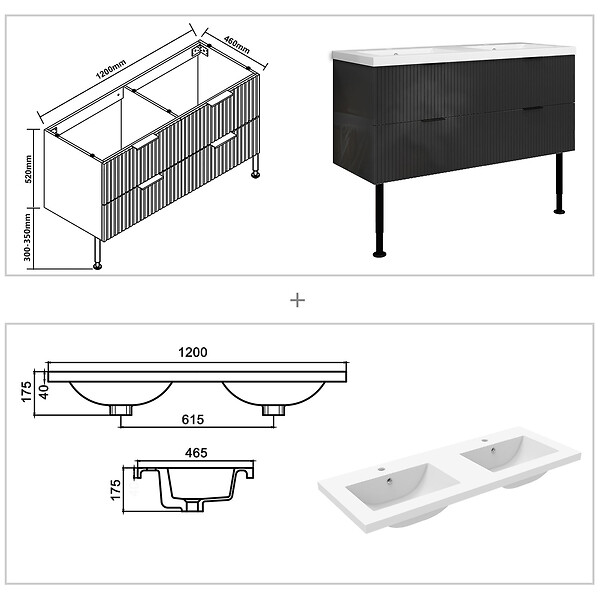 AICA SANITAIRE - Meuble de salle de bain 120 cm, 4 tiroirs, MDF anthracite brillant, avec double vasque + pieds - large