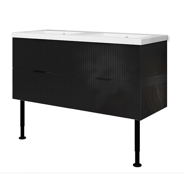 AICA SANITAIRE - Meuble de salle de bain 120 cm, 4 tiroirs, MDF noir brillant, avec double vasque + pieds - large