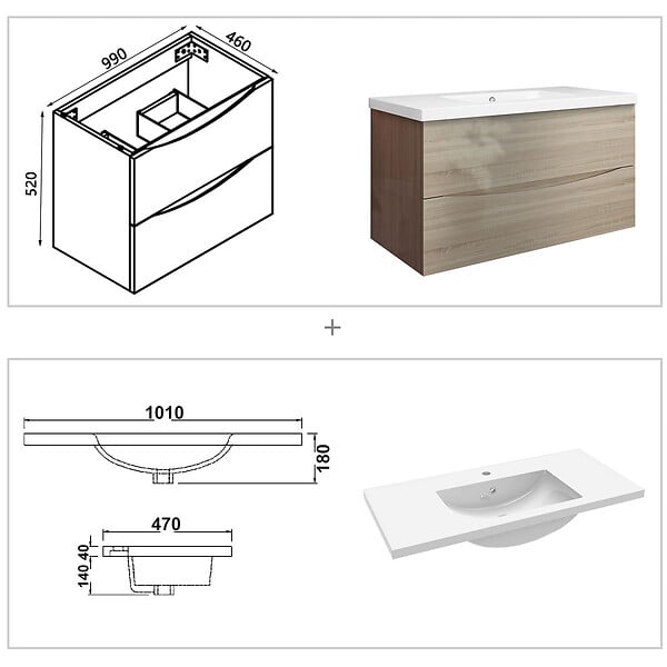 AICA SANITAIRE - Meuble de salle de bain suspendu 100 cm, 2 tiroirs, avec vasque,MDF chêne - large