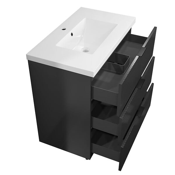 AICA SANITAIRE - Meuble de salle de bain brilliant 80 cm, 3 tiroirs, MDF anthracite, avec vasque + pieds - large