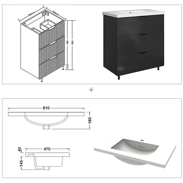 AICA SANITAIRE - Meuble de salle de bain brilliant 80 cm, 3 tiroirs, MDF anthracite, avec vasque + pieds - large