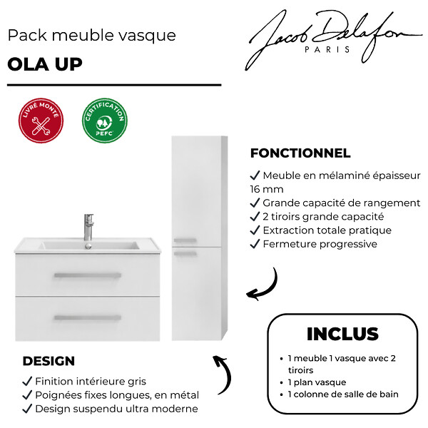 JACOB DELAFON - Pack meuble vasque 60 cm Ola up blanc + colonne - large