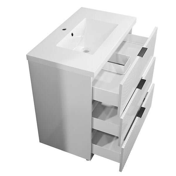 AICA SANITAIRE - Meuble de salle de bain brilliant 80 cm, 3 tiroirs, MDF blanc, avec vasque + pieds - large