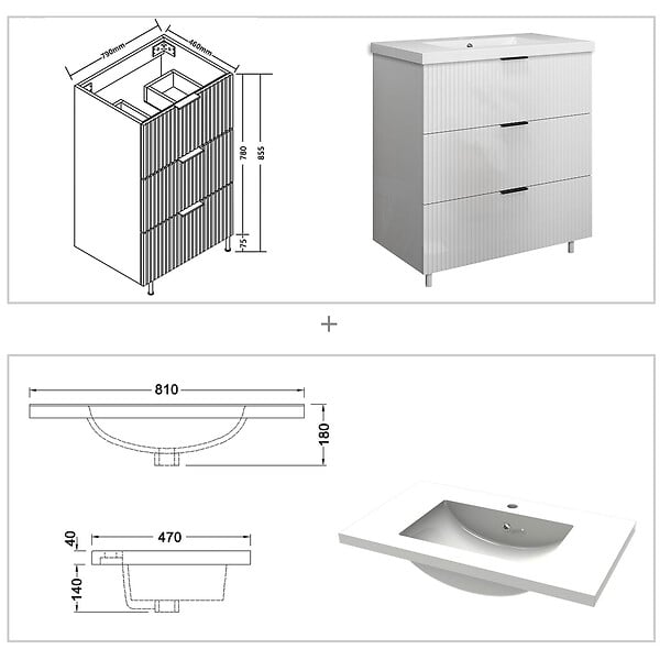AICA SANITAIRE - Meuble de salle de bain brilliant 80 cm, 3 tiroirs, MDF blanc, avec vasque + pieds - large