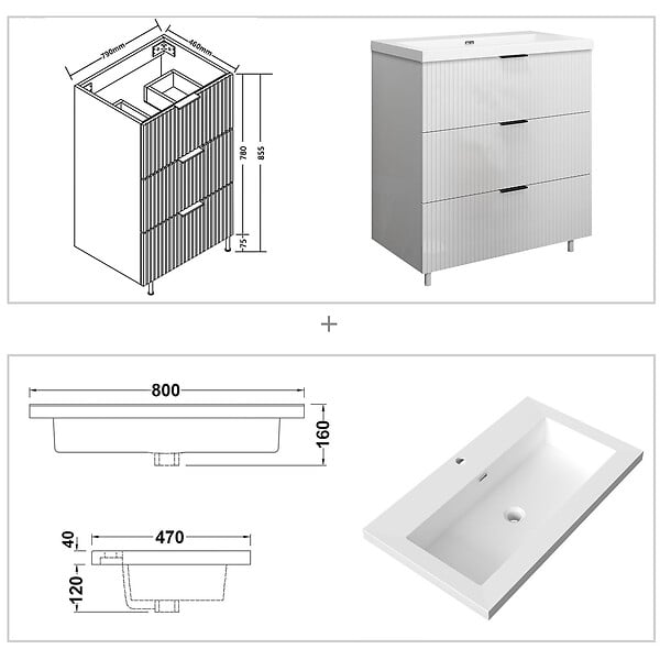 AICA SANITAIRE - Meuble de salle de bain à poser au sol brilliant 80 cm, 3 tiroirs, MDF blanc, avec vasque + pieds - large