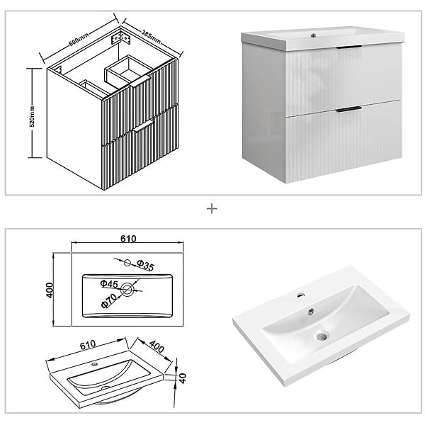 AICA SANITAIRE - Meuble de salle de bain suspendu 60 cm, 2 tiroirs, avec vasque,MDF blanc brillant - large