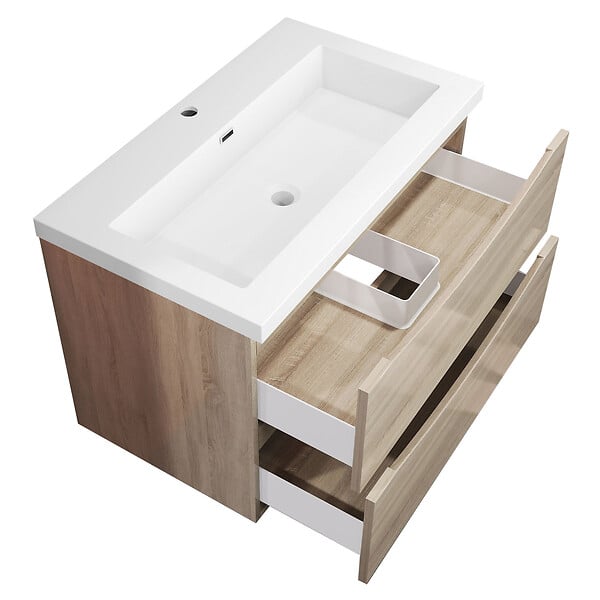 AICA SANITAIRE - Meuble de salle de bain suspendu 80 cm, 2 tiroirs, avec vasque blanche,MDF chêne - large