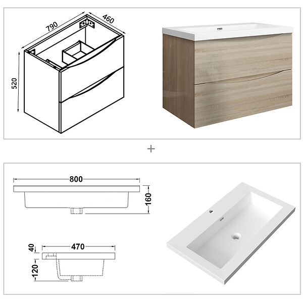 AICA SANITAIRE - Meuble de salle de bain suspendu 80 cm, 2 tiroirs, avec vasque blanche,MDF chêne - large