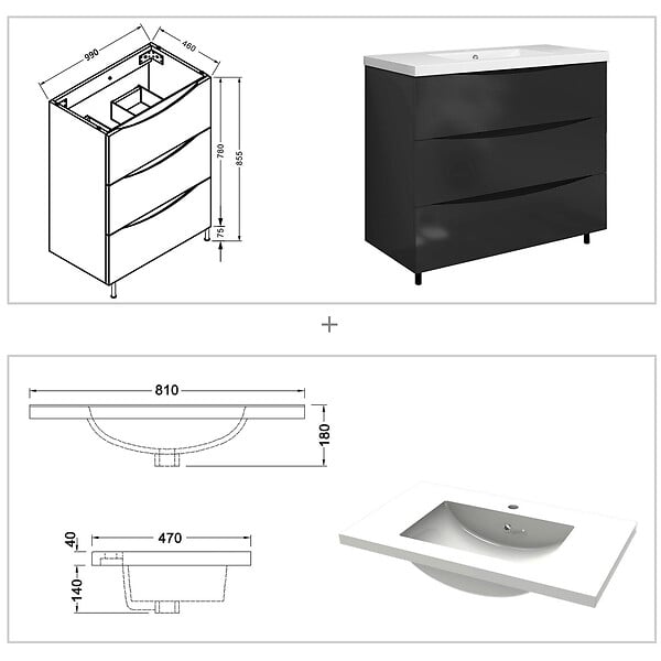 AICA SANITAIRE - Meuble de salle de bain 100 cm, 3 tiroirs, MDF anthracite, avec vasque + pieds - large