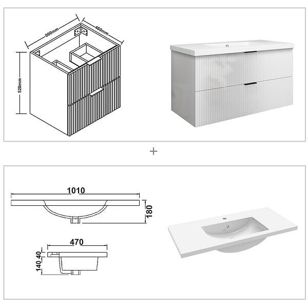 AICA SANITAIRE - Meuble de salle de bain suspendu 100 cm, 2 tiroirs, avec vasque,MDF blanc brillant - large
