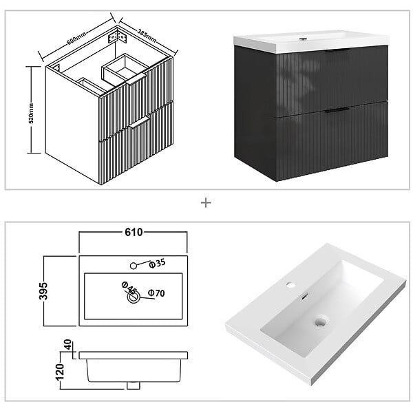 AICA SANITAIRE - Meuble de salle de bain suspendu 60 cm, 2 tiroirs, avec vasque blanche,MDF anthracite brillant - large
