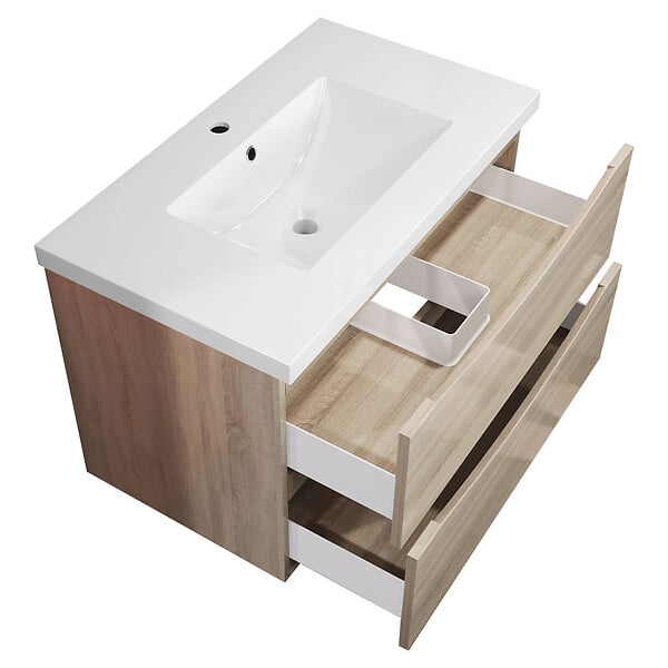 AICA SANITAIRE - Meuble de salle de bain suspendu 80 cm, 2 tiroirs, avec vasque,MDF chêne - large
