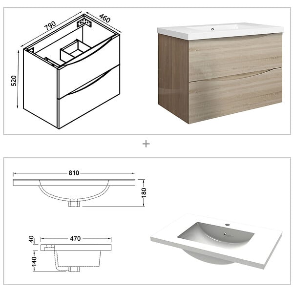 AICA SANITAIRE - Meuble de salle de bain suspendu 80 cm, 2 tiroirs, avec vasque,MDF chêne - large
