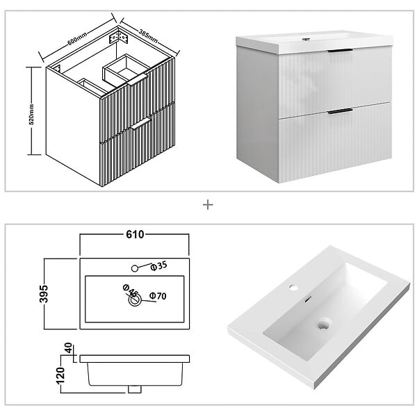 AICA SANITAIRE - Meuble de salle de bain suspendu 60 cm, 2 tiroirs, avec vasque blanche,MDF blanc brillant - large