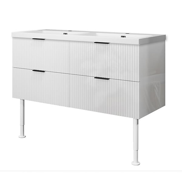 AICA SANITAIRE - Meuble de salle de bain à poser au sol brilliant 120 cm, 4 tiroirs, MDF blanc, avec vasque + pieds - large