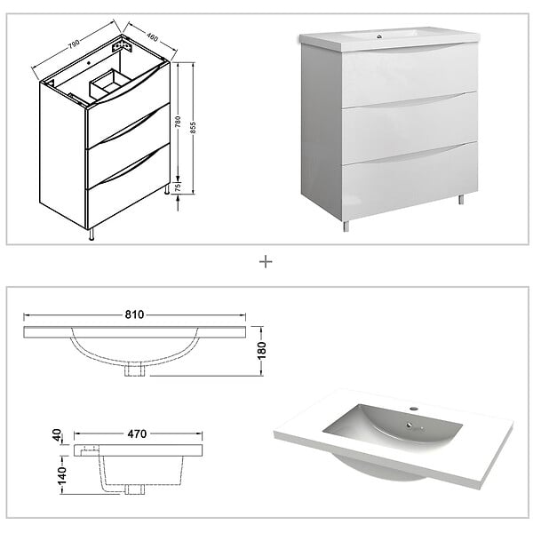 AICA SANITAIRE - Meuble de salle de bain 80 cm, 3 tiroirs, MDF blanc, avec vasque + pieds - large