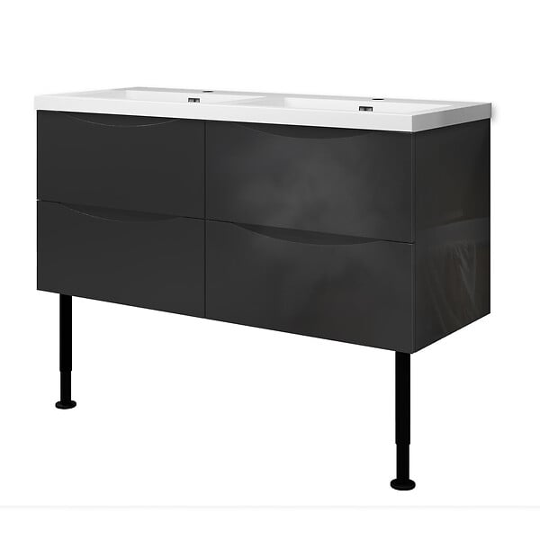 AICA SANITAIRE - Meuble de salle de bain 120 cm, 4 tiroirs, MDF brilliant anthracite, avec vasque + pieds - large