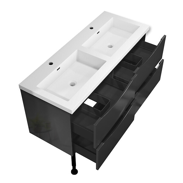 AICA SANITAIRE - Meuble de salle de bain 120 cm, 4 tiroirs, MDF brilliant anthracite, avec vasque + pieds - large