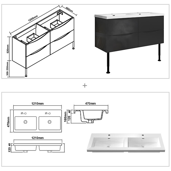 AICA SANITAIRE - Meuble de salle de bain 120 cm, 4 tiroirs, MDF brilliant anthracite, avec vasque + pieds - large