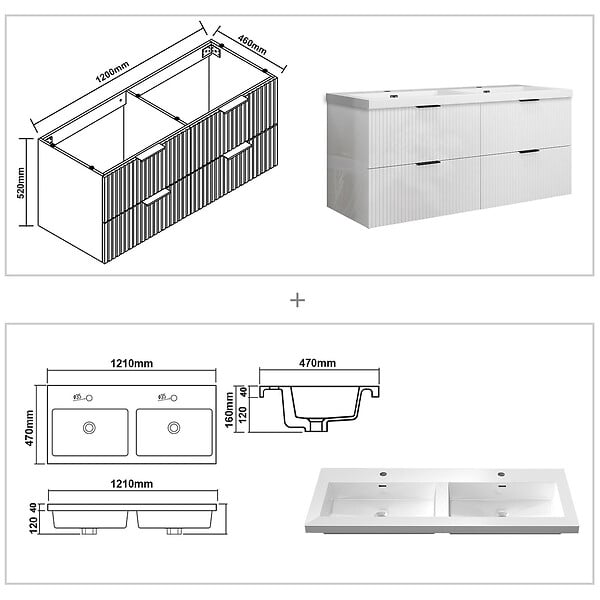 AICA SANITAIRE - Meuble de salle de bain suspendu 120 cm, 4 tiroirs, avec vasque blanche,MDF blanc brillant - large