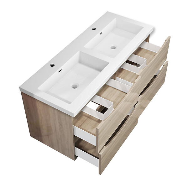 AICA SANITAIRE - Meuble de salle de bain suspendu 120 cm, 4 tiroirs, avec vasque blanche,MDF chêne - large