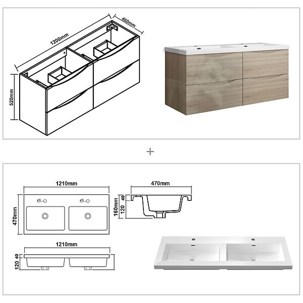 AICA SANITAIRE - Meuble de salle de bain suspendu 120 cm, 4 tiroirs, avec vasque blanche,MDF chêne - large