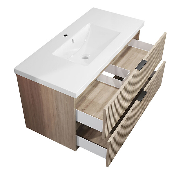 AICA SANITAIRE - Meuble de salle de bain suspendu 100 cm, 2 tiroirs, avec vasque,MDF chêne brillant - large