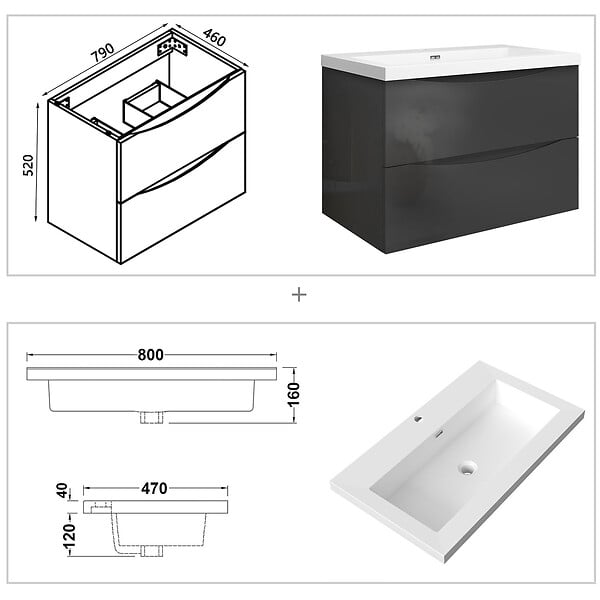AICA SANITAIRE - Meuble de salle de bain suspendu 80 cm, 2 tiroirs, avec vasque blanche,MDF anthracite - large