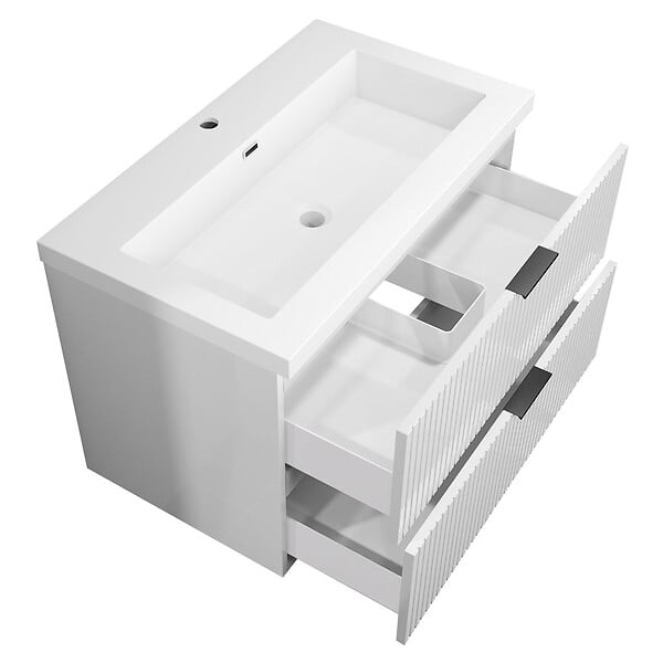 AICA SANITAIRE - Meuble de salle de bain suspendu 80 cm, 2 tiroirs, avec vasque blanche,MDF blanc brillant - large