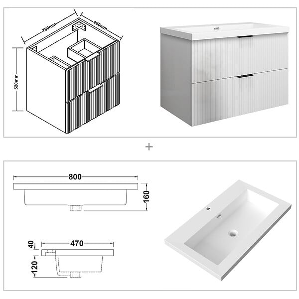 AICA SANITAIRE - Meuble de salle de bain suspendu 80 cm, 2 tiroirs, avec vasque blanche,MDF blanc brillant - large