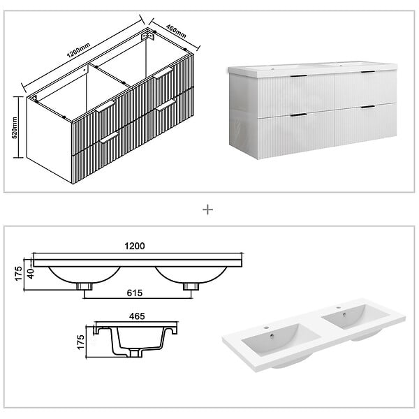 AICA SANITAIRE - Meuble de salle de bain suspendu 120 cm, 4 tiroirs, avec vasque,MDF blanc - large