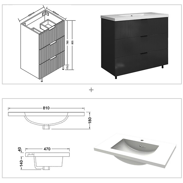 AICA SANITAIRE - Meuble de salle de bain brilliant 100 cm, 3 tiroirs, MDF anthracite, avec vasque + pieds - large
