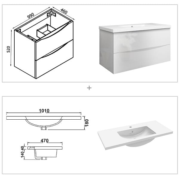 AICA SANITAIRE - Meuble de salle de bain suspendu 100 cm, 2 tiroirs, avec vasque,MDF blanc - large