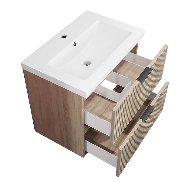 AICA SANITAIRE - Meuble de salle de bain suspendu 60 cm, 2 tiroirs, avec vasque,MDF chêne brillant - large