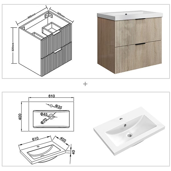 AICA SANITAIRE - Meuble de salle de bain suspendu 60 cm, 2 tiroirs, avec vasque,MDF chêne brillant - large