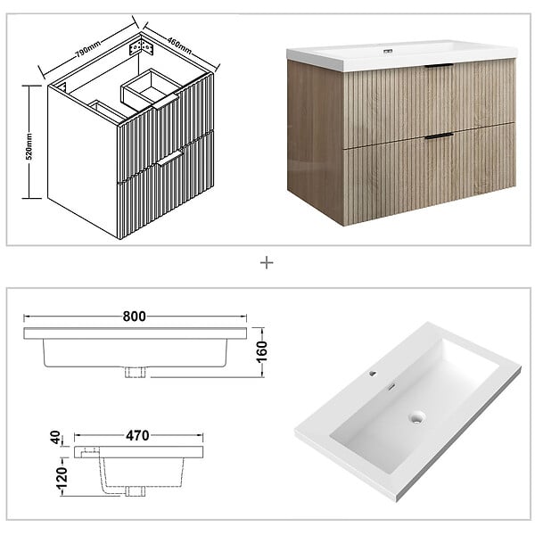 AICA SANITAIRE - Meuble de salle de bain suspendu 80 cm, 2 tiroirs, avec vasque blanche,MDF chêne brillant - large