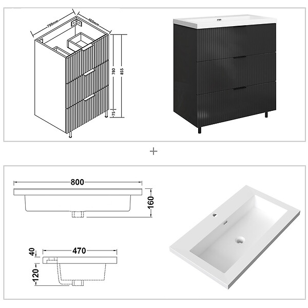 AICA SANITAIRE - Meuble de salle de bain à poser au sol brilliant 80 cm, 3 tiroirs, MDF anthracite, avec vasque + pieds - large