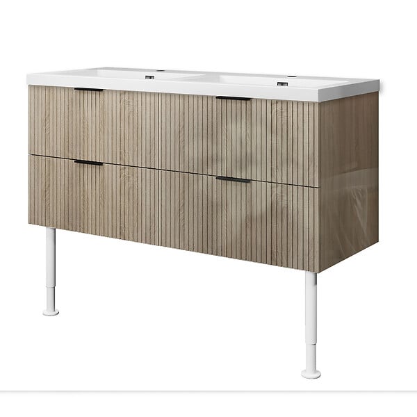 AICA SANITAIRE - Meuble de salle de bain à poser au sol brilliant 120 cm, 4 tiroirs, MDF chêne, avec vasque + pieds - large