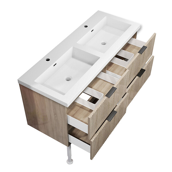 AICA SANITAIRE - Meuble de salle de bain à poser au sol brilliant 120 cm, 4 tiroirs, MDF chêne, avec vasque + pieds - large